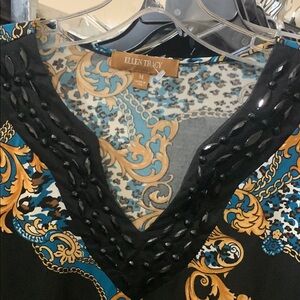 Ellen Tracy Blue and Gold Embellished Blouse